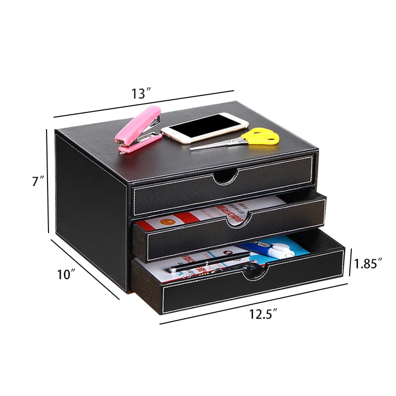 Leather Desk Organizer with 3 Drawers,Stackable Storage Box for Jewelry/Bill/Paper/Documents/Makeup Home Decor Accessories - color: black