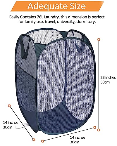 2 Pack Durable Collapsible Laundry Baskets - Reinforced Mesh Pop Up Laundry Hamper with Pocket, Foldable Dirty Clothes Hamper with Carry Handles for Laundry, Bathroom, Kids Room, Dorm or Travel Navy - color: 2 x Navy, size: Pop Vertical