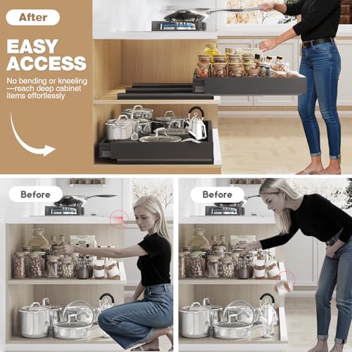 Seinloes 2 Pack Pull Out Cabinet Organizer With Raising Pad for Framed Cabinets,Expandable Width (15"-25") and Depth (17"-24"),3 Slide Rails Slide Out Drawers with Handle,No-Drill Roll Out Shelf,Black - color: Black, size: 15"-25"W x 17"-24"D(2Pack)