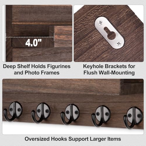 Lwenki Key Holder Wall Mount, Entryway Key and Mail Holder with 7 Sturdy Hooks for Sunglasses, Dog Leash, Decorative Wall Shelf with Mounting Hardware, 15”W x 6.7”H x 4.2”D (Brown) - color: Brown