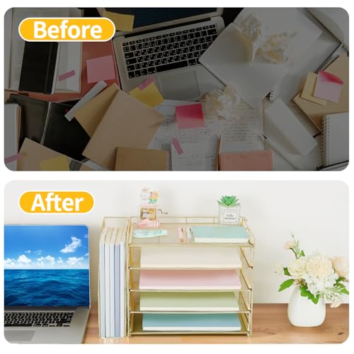 AUPSEN Gold Desk Organizers and Accessories, 5-Tier Desktop Paper File Organizer with Removable File Holder, Desk Accessories & Workspace Organization for Home Office Supplies (Gold) - color: Gold