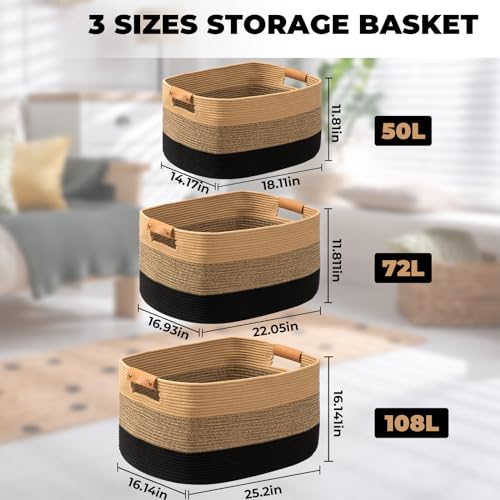 danpinera Large Blanket Basket for Living Room,72 L Rectangle Toy Storage Basket for Nursery Room, Woven Rope Storage Box with Leather Handle, 22’’*17’’*11.8’’, Gradient Linen - color: Gradient linen, size: 72L