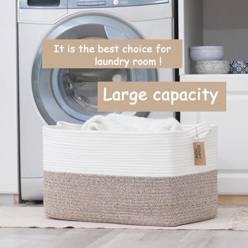 COMFY-HOMI Large Laundry for Organizing|Rectangle Cotton Rope Storage with Handles|Blanket for Living Room|Woven Laundry for Towels, Toys, Clothes-22x15x12”-White/Brown - color: White/Brown, size: 22''x15''x12''