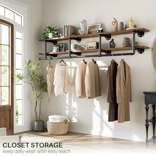 Aheaplus Industrial Pipe Clothes Rack with Top Shelf, 73In Space-Saving Wall Mounted Clothing Rack, 2 Tiers Heavy Duty Pipe Clothing Shelves with Hanging Rod for Laundry Room, Closet, Rustic Brown - color: Rustic Brown, size: 73IN
