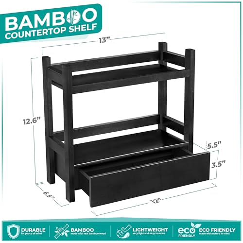 Sorbus Bamboo Bathroom Counter Organizer – 2-Tier Shelf with Hidden Drawer for Vanity, Matcha Station, Bathroom Sink Organizer Countertop, Kitchen & Office Storage (13″ L x 6.5″ W x 12.6″ H) (Black) - color: Black, size: 13" x 6.5" x 12.6"