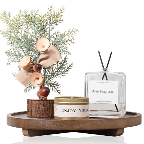 Round Decorative Tray Wood Bathroom Counter Organizer Farmhouse Kitchen Decor Wooden Riser for Soap Dish, Perfume, Candle, Sponge, 11" - Walnut - color: Walnut, size: 11"