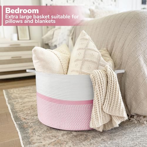 CHICVITA Extra Large Cotton Rope Woven Basket, XXL Throw Blanket Storage Basket with Handles, Pink Decorative Clothes Hamper Laundry Hamper - 22" x 22" x 14" - color: Pink