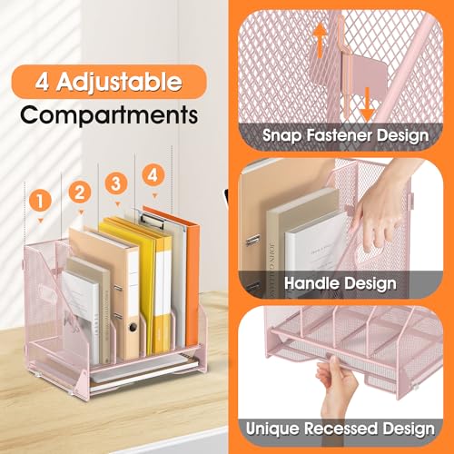 Desk File Folder Holder Organizer-4 Vertical Compartments Racks and Paper Letter Tray,Mesh Magazine File Holder Sorter,Desktop Accessories & Workspace Organizers for Home,Office,School-Pink - color: 4 Compartments-pink
