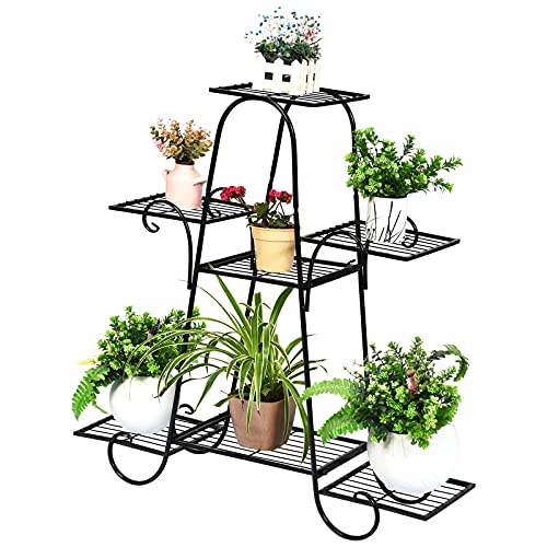 S AFSTAR 7 Tier Plant Stand, Parisian Style Garden Cart Stand, Multi-layer Mental Plant Stand, Plant Flower Pot Display Rack, Pot Holder for Indoor Outdoor Plant Stands for Patio Balcony (Black)