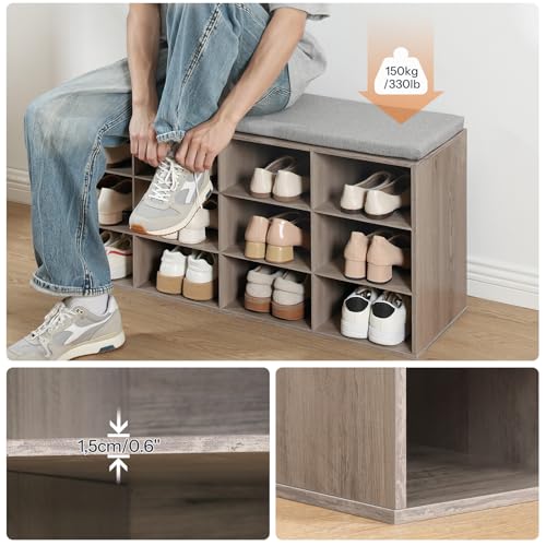 HOOBRO Shoe Storage Bench with Cushion, 39.4" L Entryway Bench with 12 Cubbies, Entryway Hall Tree with Storage, Shoe Cabinet with Coat Rack for Bedroom, Hallway, Holds up to 330 lb, Gray GY112HX01 - color: Grey