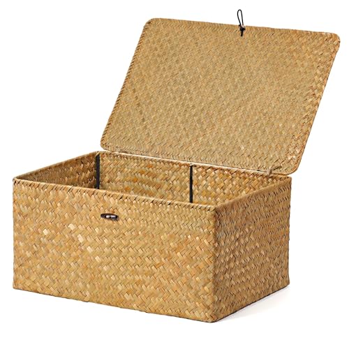 Nonam Seagrass Storage Large Basket with Lid,Wicker Basket Storage Bin with Lid for Shelves,Boho Decor,Handwoven Shelf Basket for Organizing-Storage Container Box for Home Organization-Natural - color: XXL-Natural