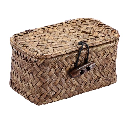 Hipiwe Mini Seagrass Basket with Lid Wicker Storage Basket Small Handwoven Multipurpose Desktop Baskets Home Decor, 4.3"L x 2.5"W x 2.1"H - color: Coffee color, size: 4.3" x 2.5" x 2.1"