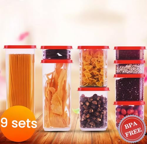 8300ml Airtight Food Storage Container With Lids 9PCS Family Set, BPA-Free Food-grade Plastic Stackable Leak-proof Kitchen Pantry Organizers for Pasta, Nuts, Dry Goods, Snack,Modular Design (Red) - color: Red