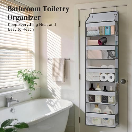 5 Tiers Ultra-thin Over Door Organizer with 10 Mesh Side Pockets, 44 lbs Weight Capacity Hanging Storage Organizer with Clear Window Kids Toys, Shoes, Diapers, White & Grey