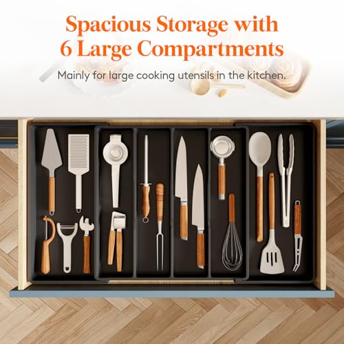 Lifewit Utensil Organizer for Kitchen Drawers, Expandable Cooking Utensil Tray, Adjustable Cutlery Silverware Flatware Holder, Plastic Spatula Tools Storage Divider, 18- 30 x 18.5", Black - color: Black, size: XXL(18-30''W x 18.5''D)