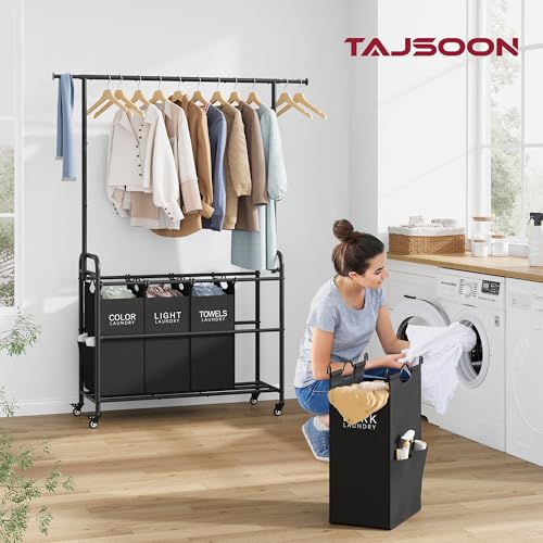 Tajsoon Laundry Sorter Cart with Hanging Clothes Rack, 4 Butler Sorter Basket Organizer, Laundry Hamper Cart with Heavy Duty Rolling Lockable Wheels, Black - color: Black, size: 4 bag