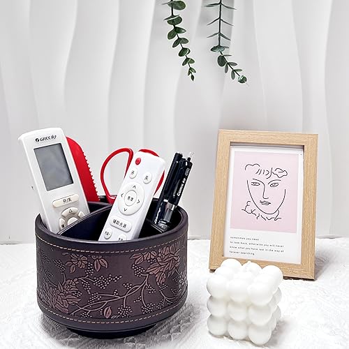 PU Leather Round TV Remote Control Holder for Table,360° Swivel Office Supply Desktop Organizer,4 Compartments Phone/Pen/Pencil Holder,Suitable for Stationery/Heater Controllers Etc (Antique) - color: Antique