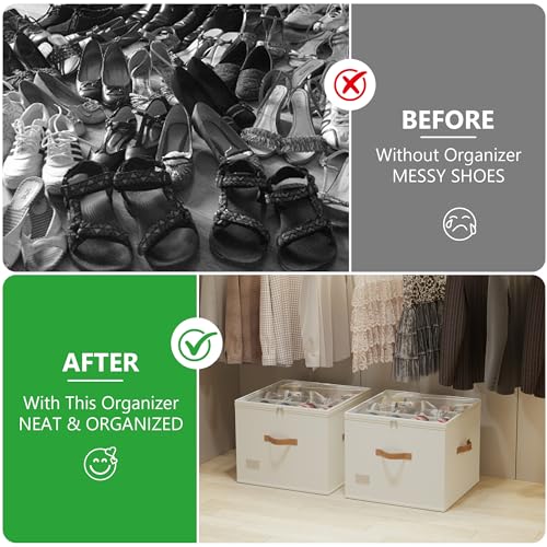 Vincona Shoe Organizer for Closet,2 Pack Shoe Storage Bins Foldable Shoe Storage Box Containers with Clear Cover and Sturdy Handles,Shoe Rack for Closet Storage for Sneakers Heels Slippers (Beige) - color: Beige, size: Large