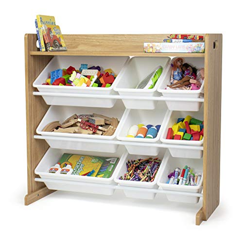 Humble Crew Toy Storage Organizer with Top Shelf and 9 Removable Bins, Natural/White – Toddler Bookshelf with Toy Organizer - Modern Toy Rack Ideal for Kids' Rooms, Playrooms, and Nurseries - color: Natural Wood/White