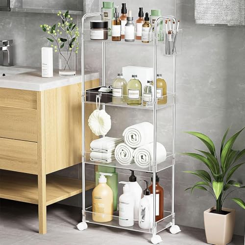 SPACEKEEPER Acrylic Rolling Storage Cart 4 Tier Clear Bathroom Cart Organizer, Transparency Rolling Utility Cart Laundry Room Organization Multifunction Mobile Shelving Unit for Office, Living Room - size: 4 Tier