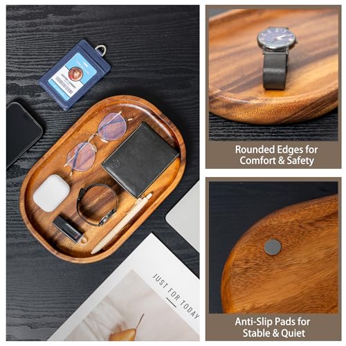 Acacia Oval Wooden Valet Tray for Men Women, Acacia Wood Serving Tray Key Dump Bedside Nightstand Dresser Organizer EDC Catch All Decorative Wooden Tray for Phone Wallet Keys Jewelry (12 x 7.9 Inch)