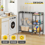 Broom Holder with Cleaning Supplies Organizer, Movable Broom Closet Storage Cabinet with Cleaning Caddy, Cleaning Cart with Mop Rack, Janitorial Housekeeping Cart on Wheels, Laundry Room Organization - size: Large