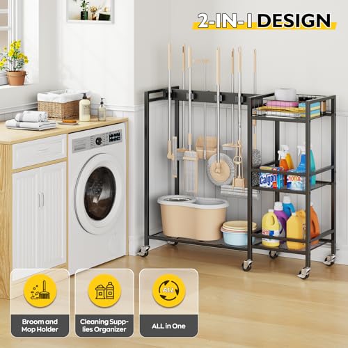 Broom Holder with Cleaning Supplies Organizer, Movable Broom Closet Storage Cabinet with Cleaning Caddy, Cleaning Cart with Mop Rack, Janitorial Housekeeping Cart on Wheels, Laundry Room Organization - size: Large