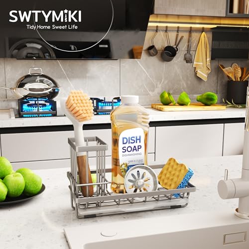 SWTYMIKI Sink Caddy Sponge Holder - Kitchen Sink Organizer with High Brush Holder for Countertop to Hold Dish Soaps and Sponges, Stainless Steel, Sand Nickel - color: Sand Nickel, size: Medium