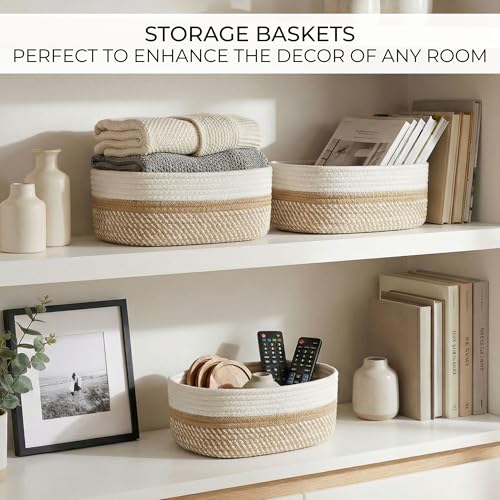 Beautiful Storage Basket Set of 3 - Sturdy Jute Rope Baskets for Shelves Are Perfect for Organizing Your Home - Quality Storage Bins Easily Fit With Any Nursery or Bedroom Decor - color: Beige-Brown