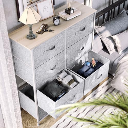 YITAHOME 8 Drawers Dresser - Fabric Storage Tower, Organizer Unit for Room, Living Room & Closets - Sturdy Steel Frame, Easy Pull Fabric Bins & Wooden Top - color: Light Grey Fabric, style: 8-Drawer
