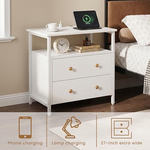 Edbuosy 27 inch Wide Night Stand Set 2 with Charging Station, Bedside Table with Open Shelf, 2 Drawers Small Wood Dresser, Modern Wood Nightstand for Bedroom/Living Room (White) - color: 2 Pack, White, size: 2 Drawers
