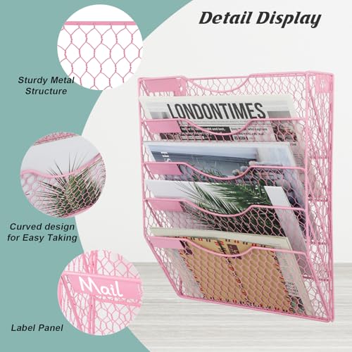 EASEPRES Mail Organizer Wall Mount Hanging File Holder Storage, Metal Chicken Wire Magazine Rack 5 Tier, Pink - color: Pink, size: 5 Tier