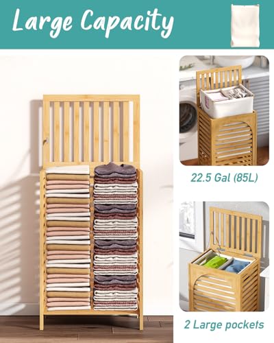 Laundry Hamper, 22.5 Gallon (85L) Bamboo Wood Clothes Laundry Basket with Lid and Handles, Removable Liner (Natural, Large) - color: Natural, size: Large