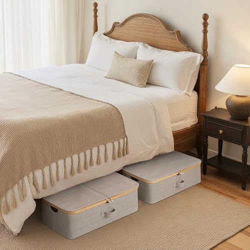 StorageWorks Underbed Storage Containers with Lids, 2-Pack 7" Low Profile Under Bed Storage Box with Bamboo Frame for Clothes, Bedding, Blankets and Shoes, 42L Sturdy Fabric Organizer, Taupe - color: Taupe, size: 2
