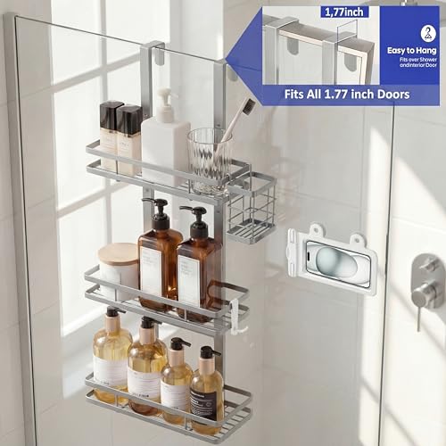 Over the Door Shower Caddy Hanging, Rustproof Shower Shelves with Waterproof Phone Pouch, Adjustable Bathroom Organizers and Storage, No Drilling Shampoo Soap Shelf (Silver 3-Tier) - size: Silver 3-Tier