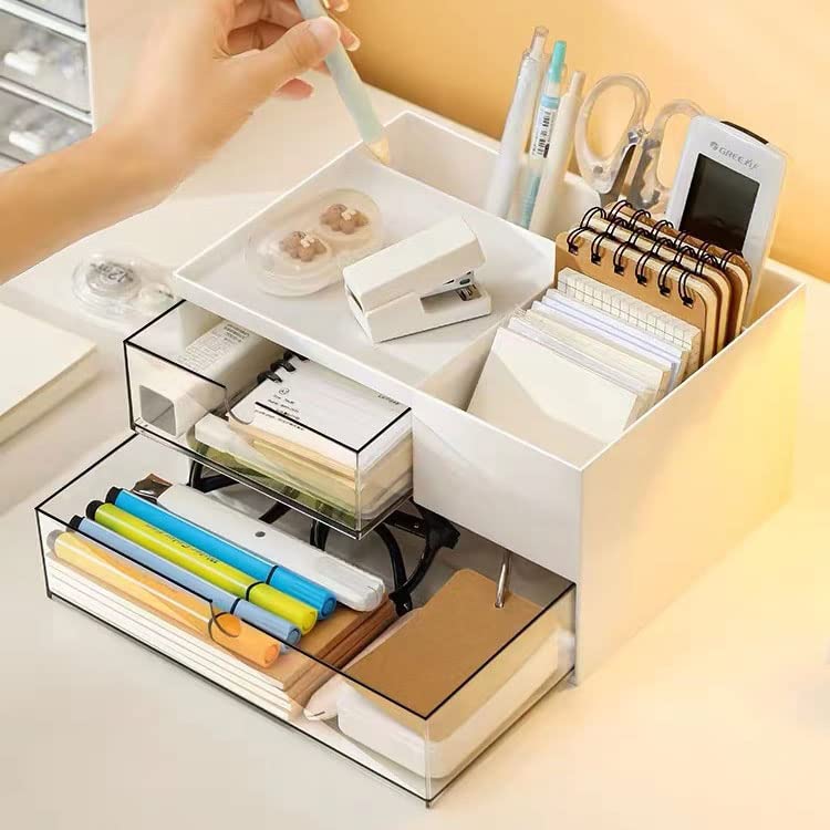 Desk Drawer Organizer, Desk Storage Box with 2 Drawers and 4 Compartments, Multifunctional Desk Accessories & Countertop Organizers for Office School Home (White） - size: 9*6.5*5inch - 6 Compartment