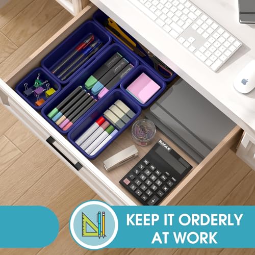 6 PCS Drawer Organizer Set, 3 Size Makeup Drawer Divider Organizer With Non-Slip Pads, Interlocking Plastic Storage Bins for Office,Jewelry Vanity,Gadgets, Bathroom,Kitchen, Navy - color: Navy, size: 6Pack