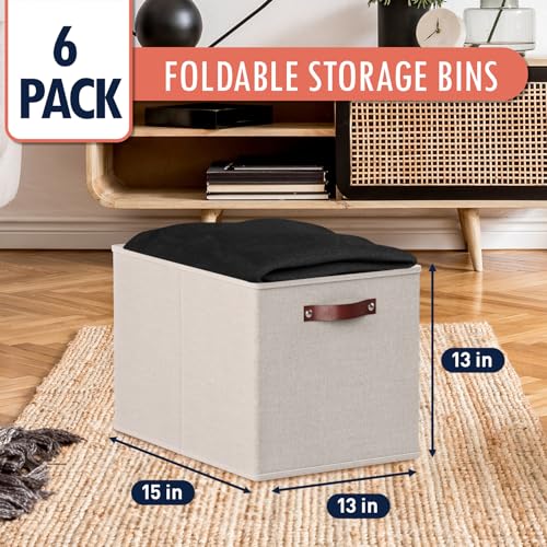 Ornavo Home 13 x 15 x 13 Kallax Storage Cube Bins, Foldable Collapsible Fabric Storage Bins Box Linen Shelf Basket Cube Organizer for Closet with Leather Handles, 6 Pack, Beige - color: Beige, size: Kallax - 13 x 15 x 13