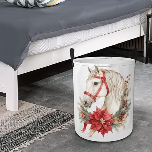 Christmas Horse Laundry Basket Cute Animal Foldable Laundry Hamper with Handles Clothes Storage Bin for Household Bedroom Bathroom Dorms 17.3"x13.6" - color: Christmas Horse