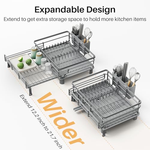 SNTD Dish Drying Rack - Extendable Dish Rack, Large Sink Drying Dish Drainer for Kitchen Counter, Stainless Steel Dish Strainer with Utensil Holder (Grey) - color: Gray