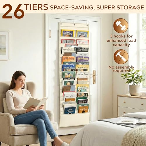26-Pocket Over The Door File Organizer - Vertical Hanging Storage for Magazines, Documents & Paper, Heavy-Duty Door Organizer for Office, Classroom & Home - color: Beige
