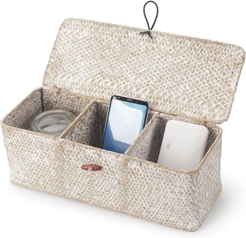Seagrass Storage Basket for Bathroom - Wicker Toilet Tank Basket with Lid - Woven Storage Box for Organizing (Whitewash, 13" x 5" x 4.3") - color: Whitewash, size: 13" x 5" x 4.3"