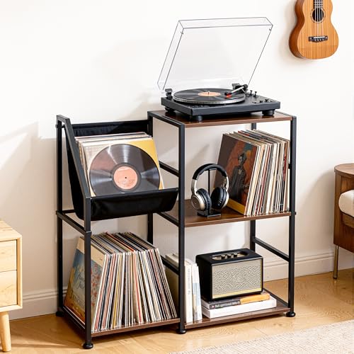 Uieke Record Player Stand with Vinyl Storage, 3-Tier Large Capacity Vinyl Record Storage Cabinet for 300+ Albums, Media Table with Vinyl Display Shelf & Turntable Stand for Living Room - size: 28.8"L x 11.9"W x 27.6"H