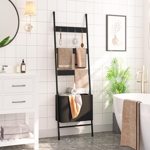 HOOBRO Blanket Ladder with Basket, 17.3”L x 63.4”H, Towel Rack with Hooks, Blanket Holder Rack, Decorative Ladder Shelf, Drying and Display Rack for Bathroom, Living Room, Black BB31CJ01 - color: Black + Black