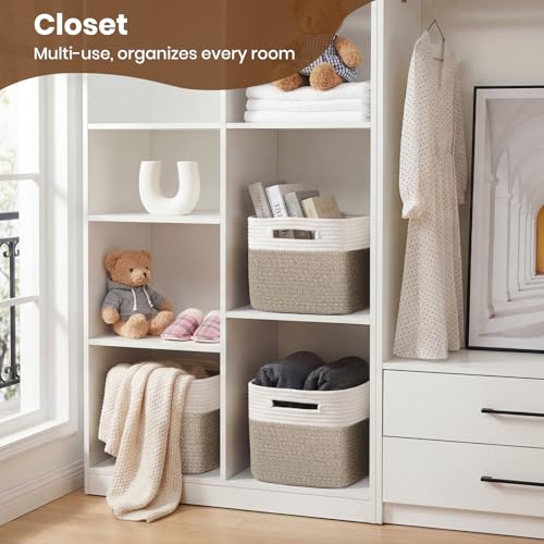 Storage Baskets for Organizing, 14 x 10 x 9” Closet Shelf Woven Baskets, Square Bins with Handles, Cotton Rope Basket for Toys, Clothes, Office, Room, White+Rice Brown 4 Pack - color: White+Rice Brown, size: 4pcs