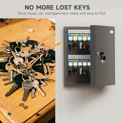 32-Keys Key Lock Box, Wall Mount Key Cabinet with Magnetic Door and Tags, Security Key Holder Lockbox for Home, Garage, Car Key Storage for School, Small Office, Valets, Hotels - size: 32 Key(Basic)