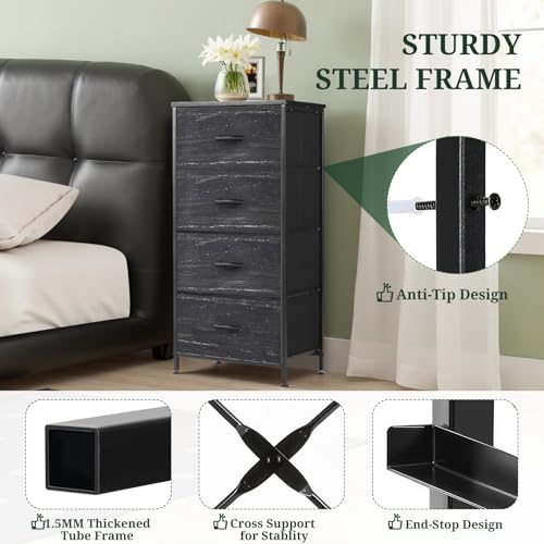 Nightstand, 4 Drawer Dresser End Table Bedside Furniture with Wooden Top Steel Frame Fabric Bins for Bedroom, Closet, Entryway, Dorm, Living Room, Charcoal Black - color: Charcoal Black, size: 11.8"D x 17.7"W x 37.4"H (4 Drawers)