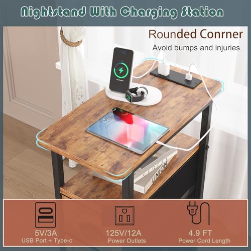 sthmec End Table with Charging Station,Narrow Side Tables with USB Ports and Outlets,Skinny Bedside Tables with 3 Drawers,Small Nightstands for Small Space,Slim Sofa Table for Livingroom,Rustic Brown - color: Rustic Brown, size: 7.88'' W*15.75'' D*24.3''
