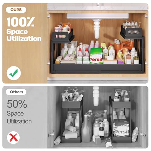 1 Pack-19"-32"W Expandable Under Sink Organizer With Upgrade Ball-Bearing Slide,2-Tier Pull Out Under Cabinet Organizer Height Adjustable,Not Suitable For Cabinets With Partitions In The Middle - color: Black, size: 1 Pack-19"-32"W