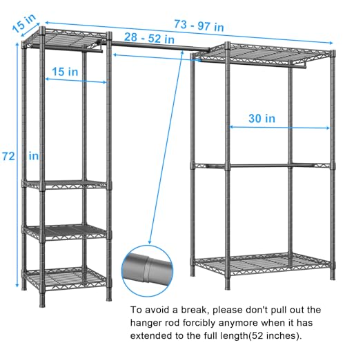 Ulif E10 Clothes Rack（With Stretchable Hanger Rod）Freestanding Clothing Racks for Hanging Clothes，Adjustable Closet Organizer System，Portable Garment Rack 73-97" W x 15" D x 72" H，Max Load 800LBS，Grey - color: Grey